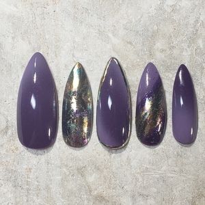 Purple Custom gel Press on Nails Handmade 10 pc set oil spill silver
